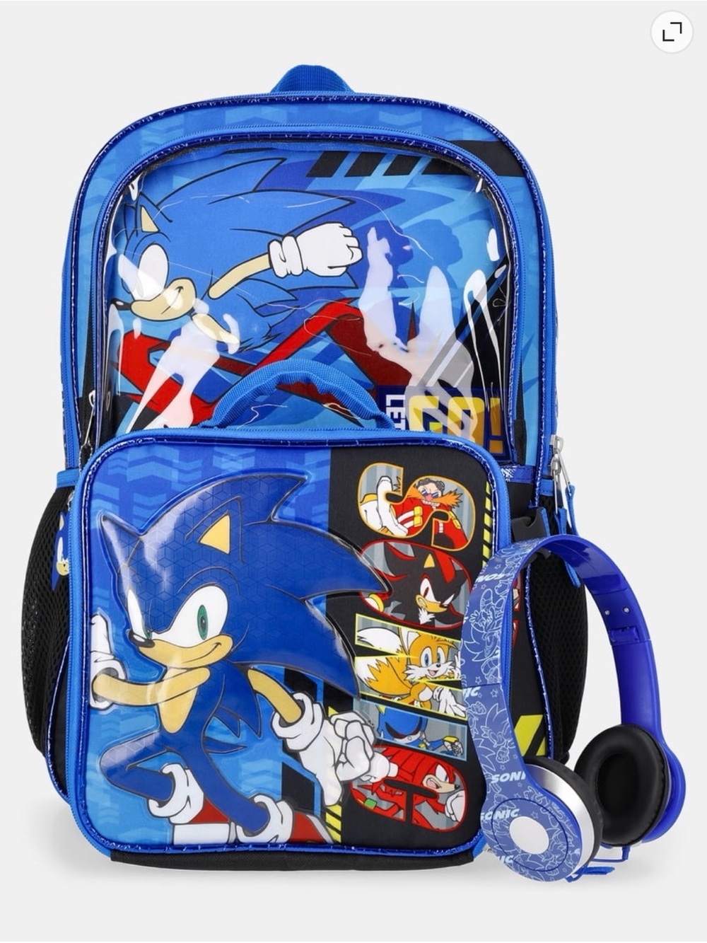 Sonic The Hedgehog 17” Backpack Set 4-pc Soft Lunch Bag + Headphones + Charm